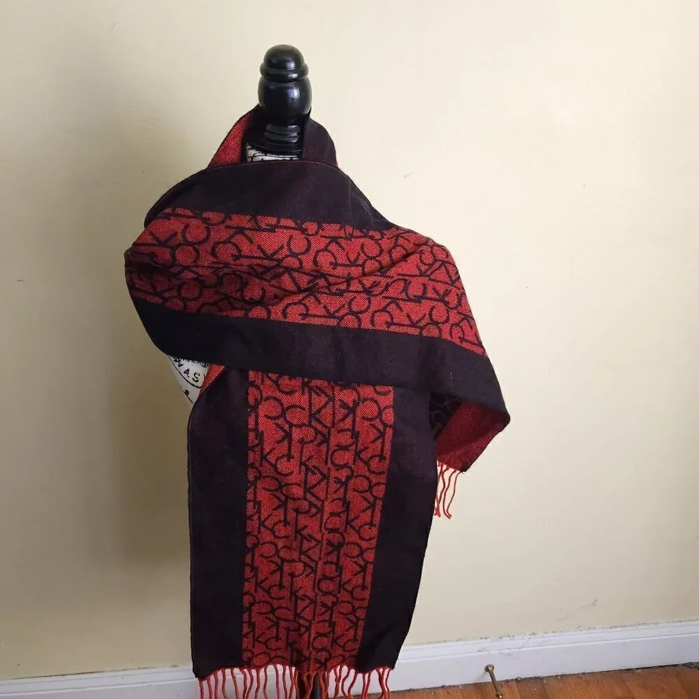 Calvin Klein Logo Black Red Knit Fringe Scarf 70